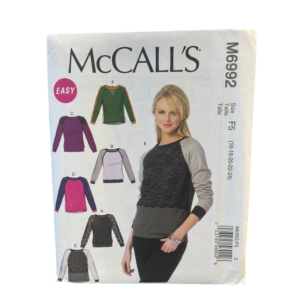 McCALL'S M6992 Misses' Pullover Tops Size 16-24 Easy‎ Sewing Pattern